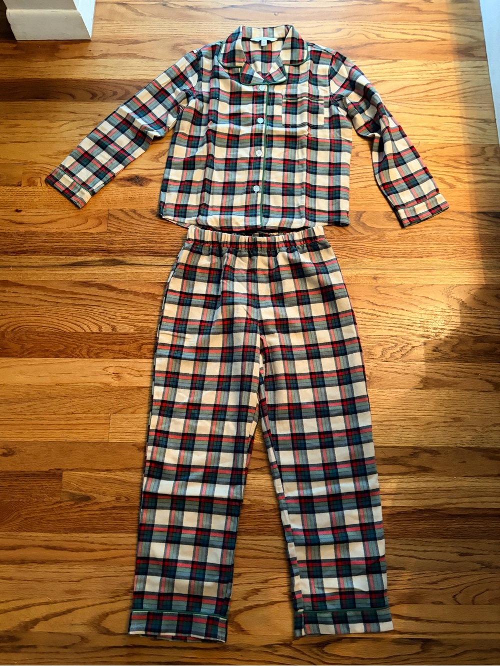 The Company Store Cream Plaid Kids Pajama Set with Red & Blue